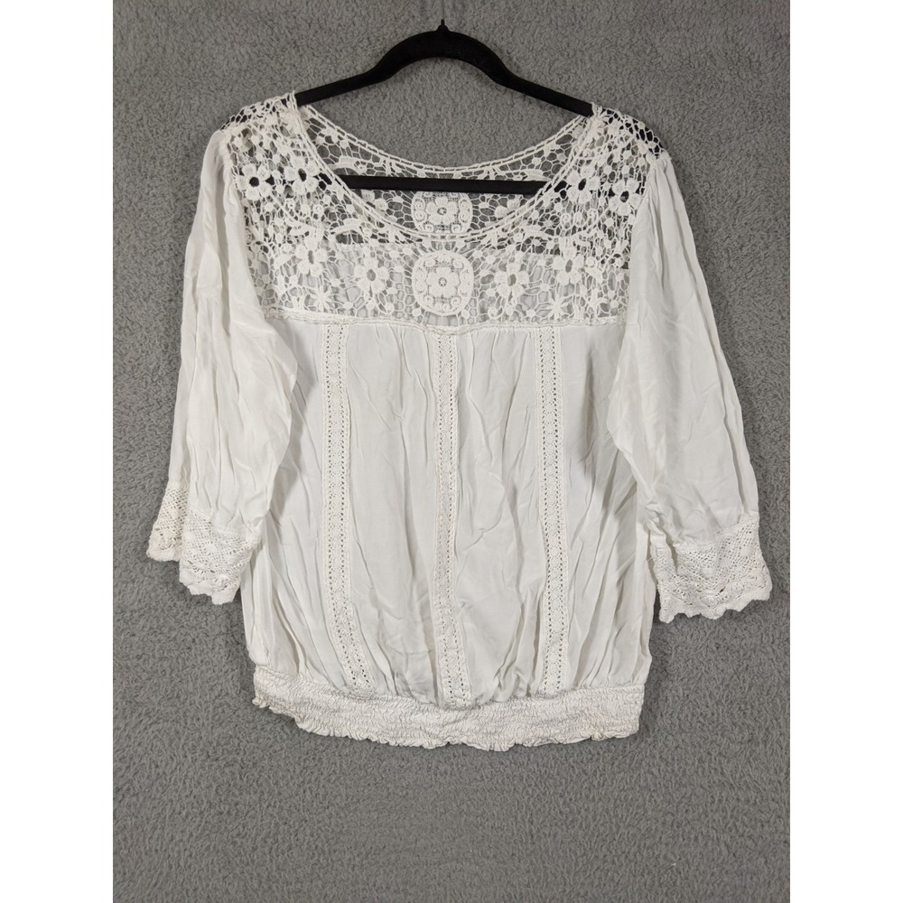 Solitaire by Ravi Khosla Peasant Blouse Womens M White Crochet Lace Floral Boho